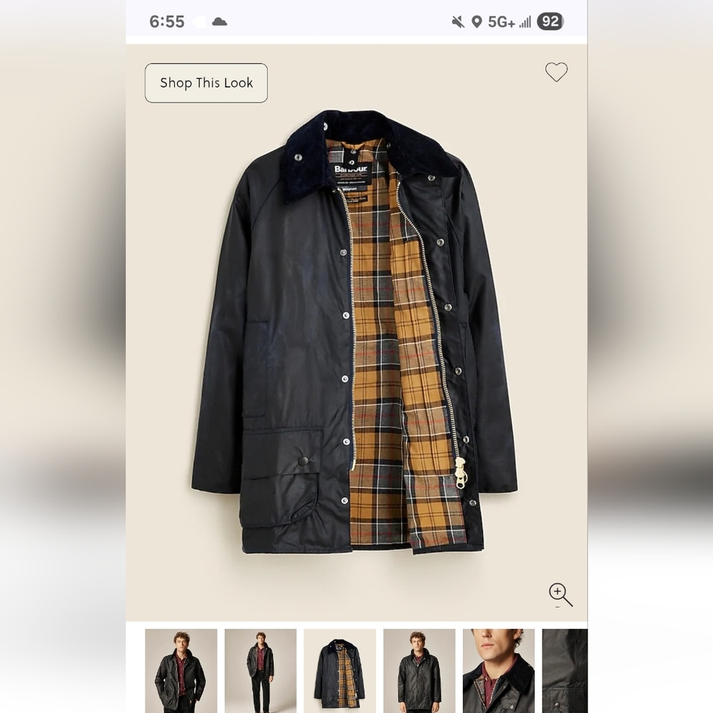 Barbour Sold At JCREW Men's Black Waxed Jacket with Plaid Lining